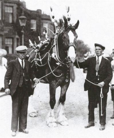 Two handlers in flat caps and cart horse